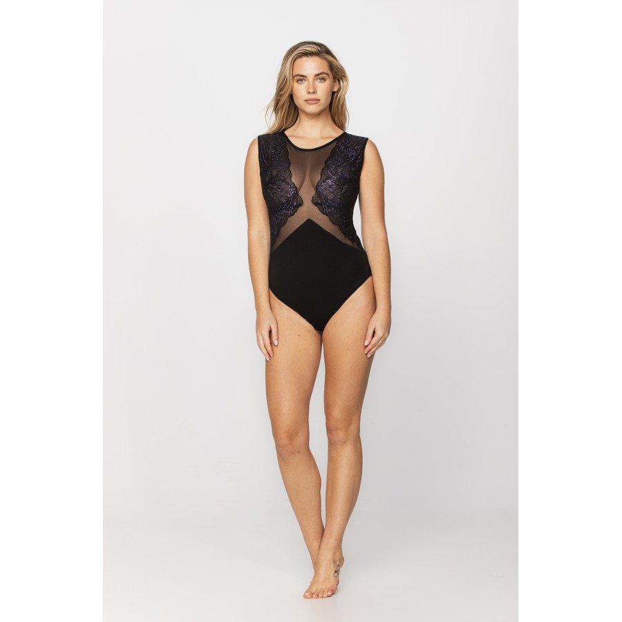 Pretty sleeveless bodysuit in micromodal fabric, lace and see-through tulle