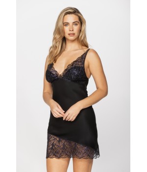 Gorgeous negligee in viscose satin with thin straps and asymmetric lace