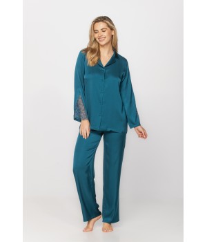 Elegant ensemble pyjama en viscose satin et dentelle, haut style chemise et pantalon fluide et droit