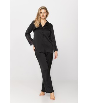 Elegant ensemble pyjama en viscose satin et dentelle, haut style chemise et pantalon fluide et droit