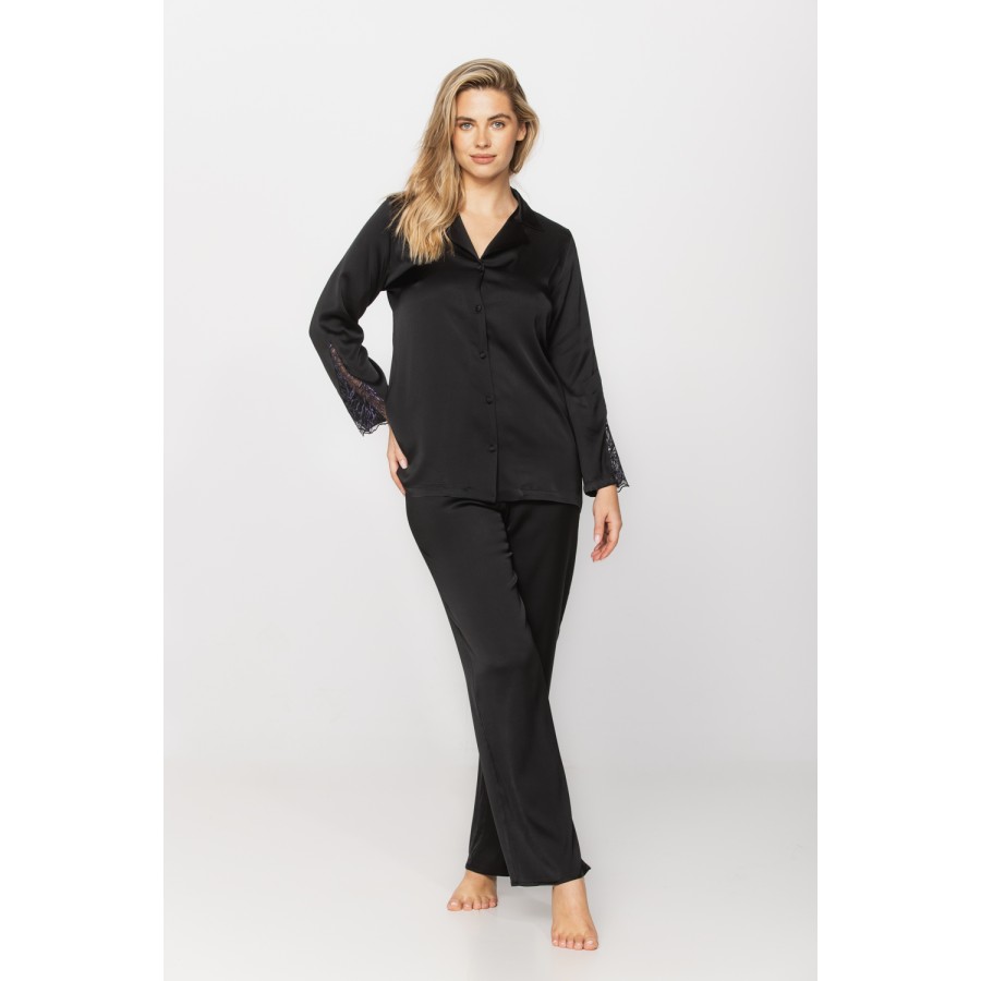 Elegant ensemble pyjama en viscose satin et dentelle, haut style chemise et pantalon fluide et droit