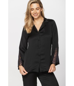 Elegant pyjamas in viscose satin and lace, nightshirt-style top and straight-cut, flowing bottoms