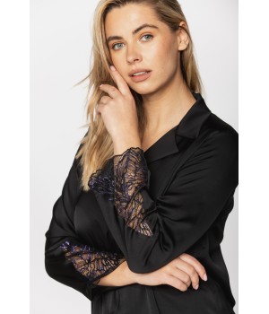 Eleganter zweiteiliger Pyjama aus Viskose, Satin und Spitze, Hemd-Oberteil und gerade, fließende Hose