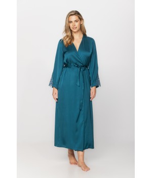 Gorgeous, long-sleeved dressing gown in viscose satin fabric and lace, in a choice of two lengths