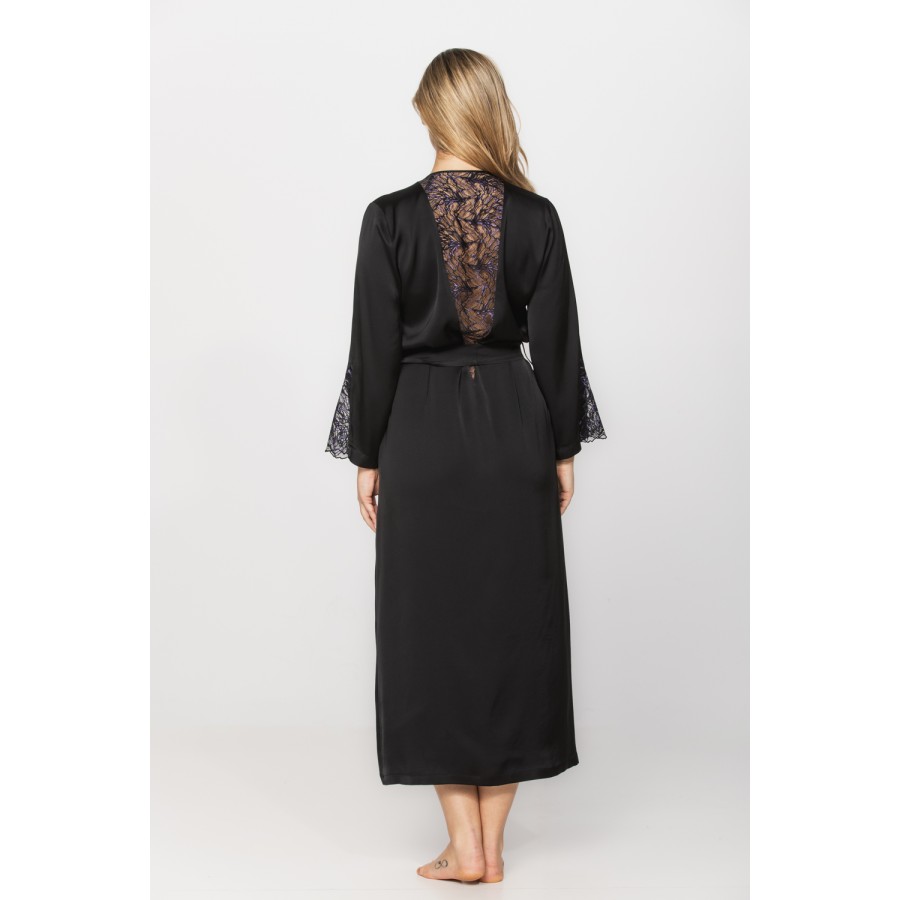 Gorgeous, long-sleeved dressing gown in viscose satin fabric and lace, in a choice of two lengths