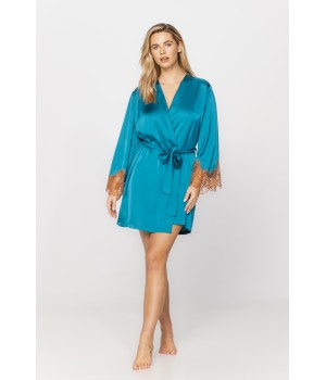 Gorgeous little dressing gown in microfibre satin with long, wide sleeves enhanced with lace