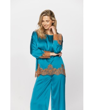 Ensemble pyjama en satin microfibre, blouse manches longues et pantalon large et fluide