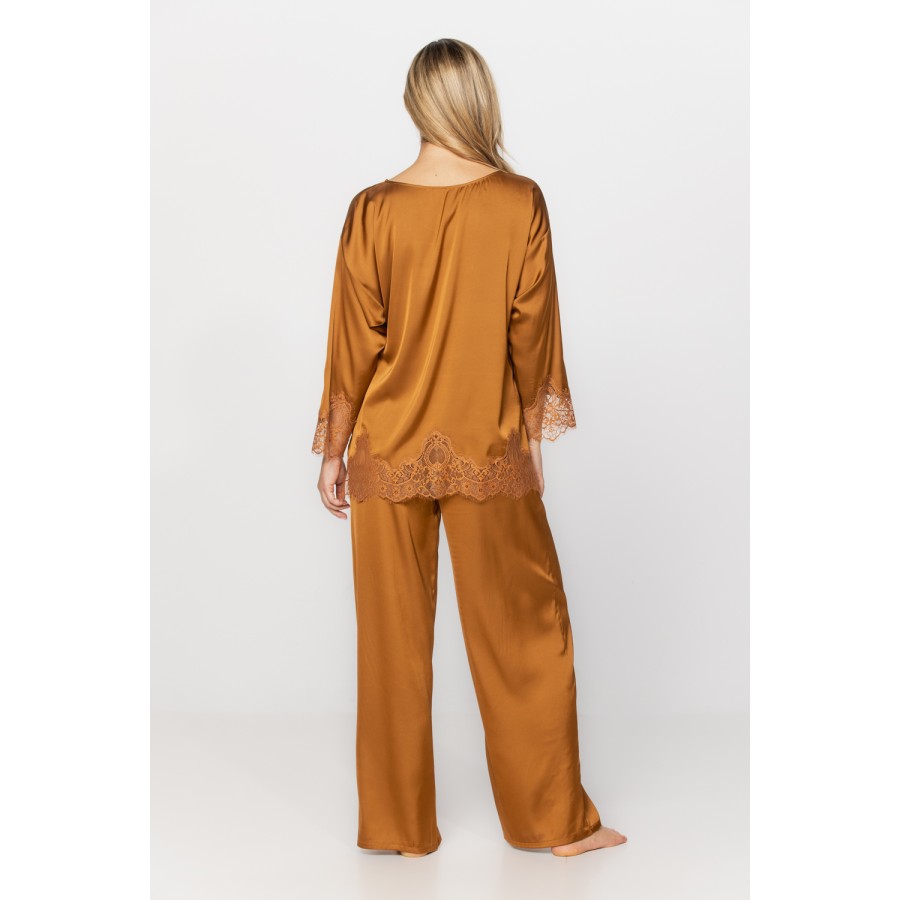 Zweiteiliger Pyjama aus Satin-Mikrofaser, Oberteil mit langen Ärmeln und weite, fließende Hose