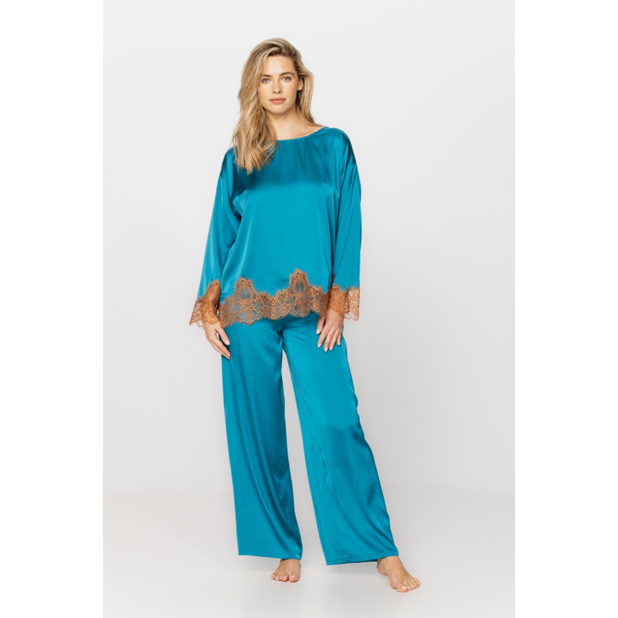 Zweiteiliger Pyjama aus Satin-Mikrofaser, Oberteil mit langen Ärmeln und weite, fließende Hose