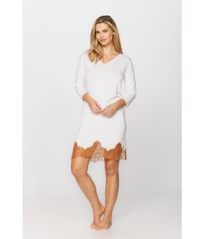 Chemise de nuit style tunique en micromodal, manches ¾, jeu de lacets et dentelle