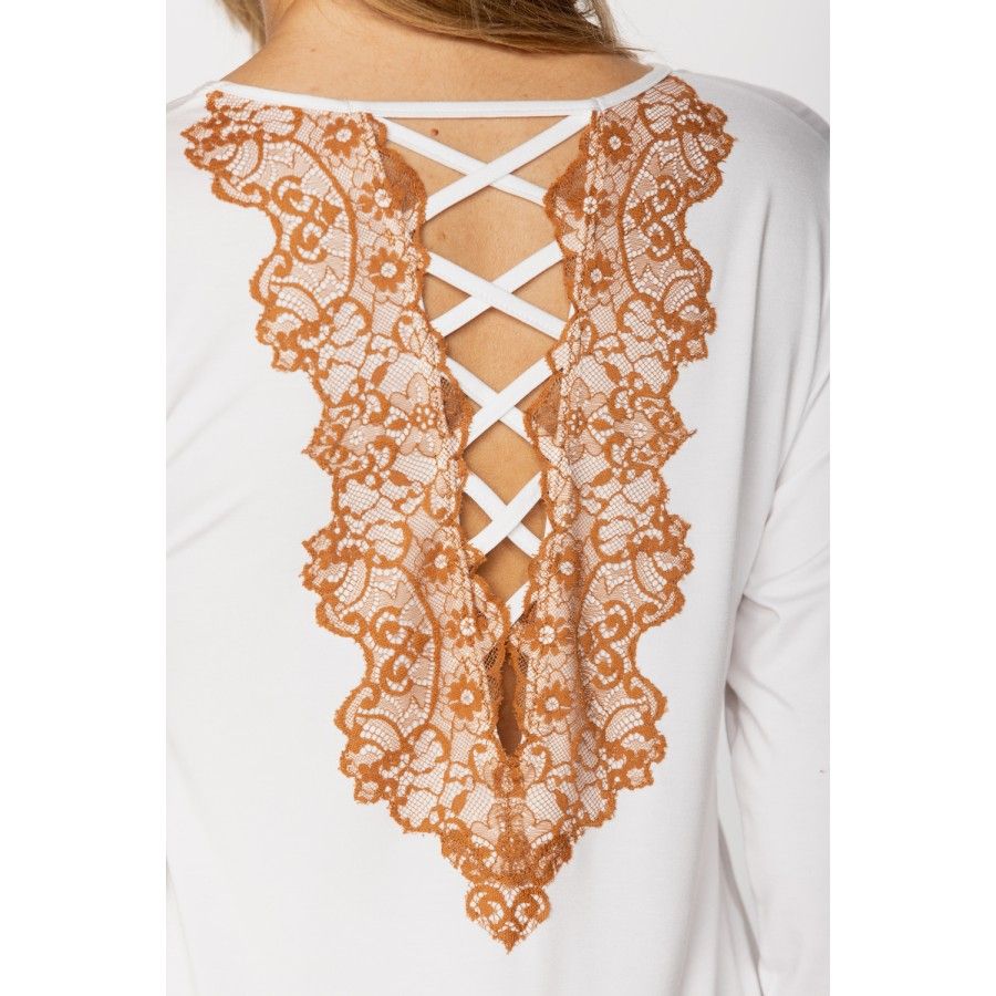 Chemise de nuit style tunique en micromodal, manches ¾, jeu de lacets et dentelle