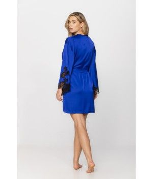 Kimono-style dressing gown in microfibre satin with loose-fitting long sleeves, enhanced with lace