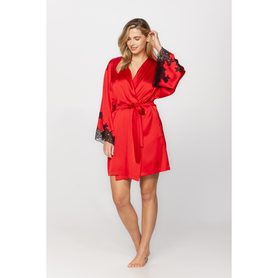 Kimono-style dressing gown in microfibre satin with loose-fitting long sleeves, enhanced with lace