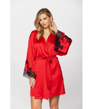 Kimono-style dressing gown in microfibre satin with loose-fitting long sleeves, enhanced with lace