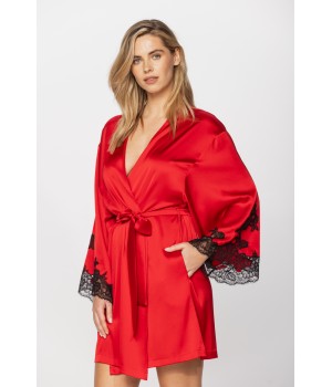 Kimono-style dressing gown in microfibre satin with loose-fitting long sleeves, enhanced with lace