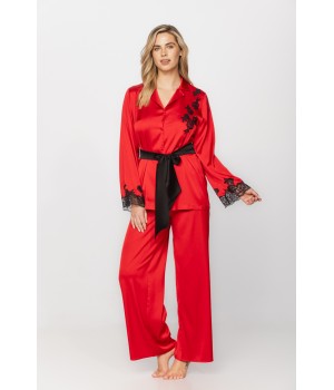 Pyjamas in microfibre satin fabric, kimono-style top and loose-fitting bottoms in bright colours