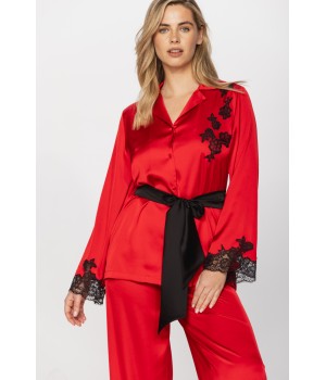 Pyjamas in microfibre satin fabric, kimono-style top and loose-fitting bottoms in bright colours