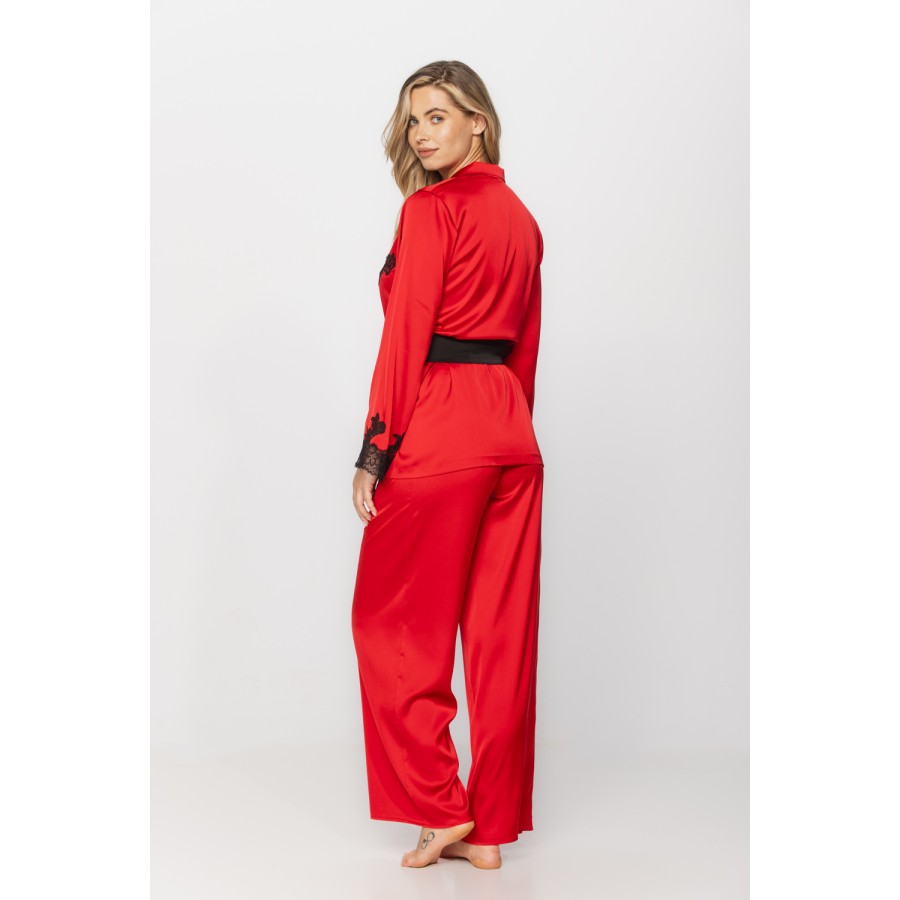 Pyjamas in microfibre satin fabric, kimono-style top and loose-fitting bottoms in bright colours