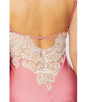 Ravissante nuisette en satin mucrofibre couleur rose girly et dentelle blanche