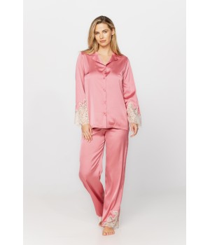 Ensemble pyjama en satin microfibre couleur rose girly et dentelle blanche