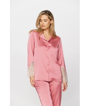 Ensemble pyjama en satin microfibre couleur rose girly et dentelle blanche