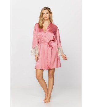 Pretty little kimono-style dressing gown made of microfibre satin in a girly shade of pink with white lace