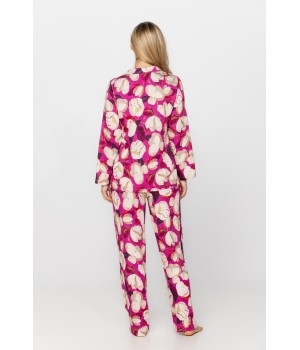 Pyjamas in microfibre satin with magnolia print on a fuchsia or black background