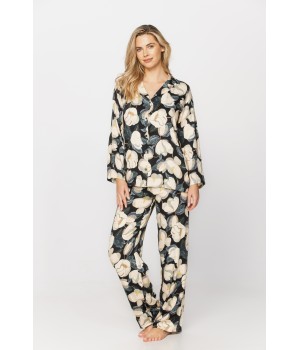 Pyjama aus Satin-Mikrofaser mit Magnolienprint auf pinkem oder schwarzem Hintergrund