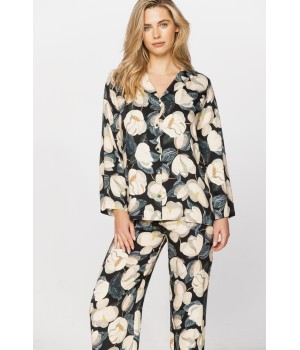 Pyjama aus Satin-Mikrofaser mit Magnolienprint auf pinkem oder schwarzem Hintergrund