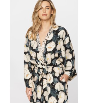 Schöner kurzer Kimono aus Satin-Mikrofaser mit Magnolienprint auf pinkem oder schwarzem Hintergrund