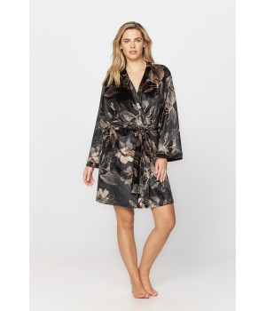 Gorgeous little velvet dressing gown printed with sketches of golden flowers on a black background