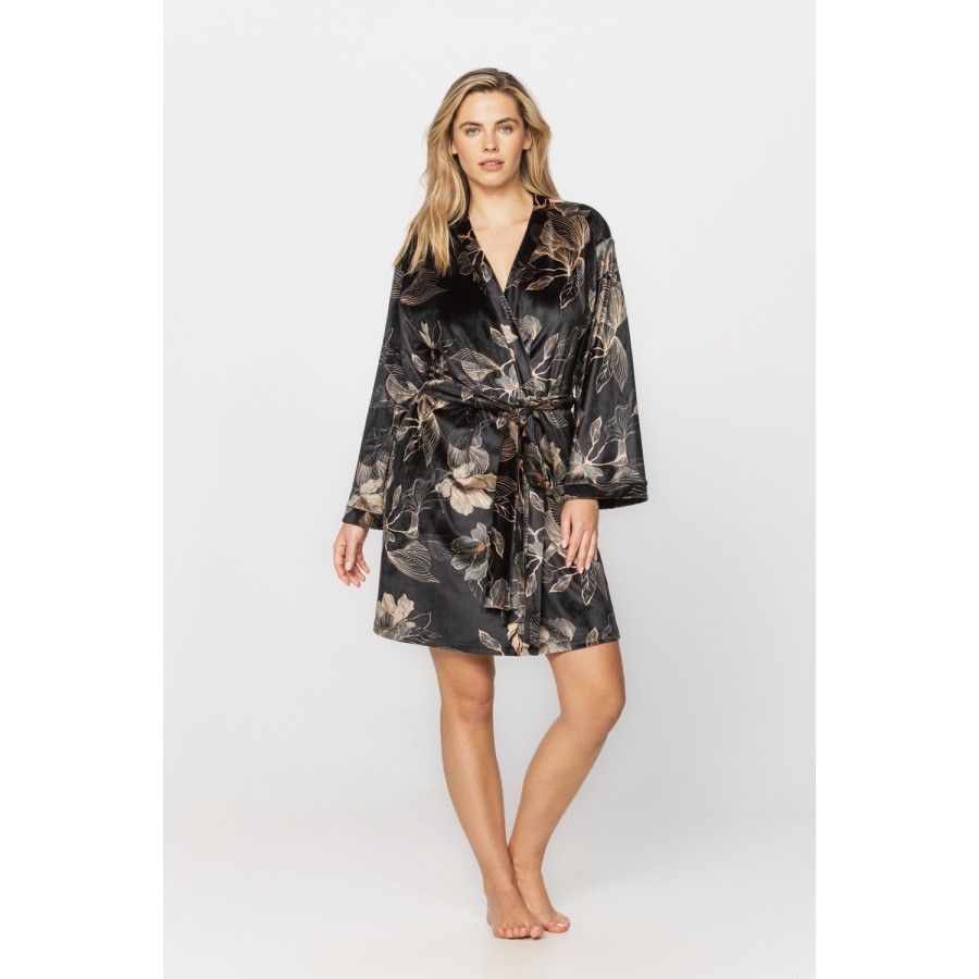 Gorgeous little velvet dressing gown printed with sketches of golden flowers on a black background