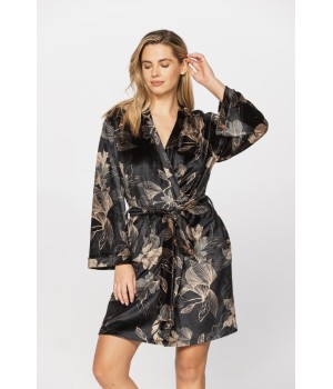 Gorgeous little velvet dressing gown printed with sketches of golden flowers on a black background