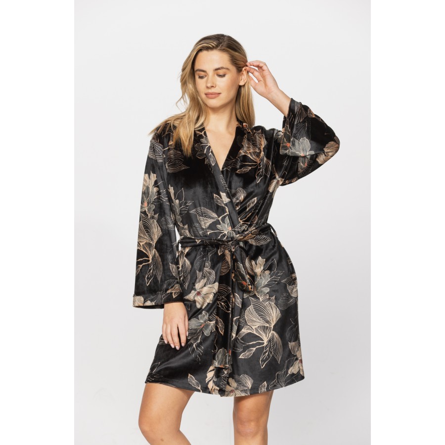 Gorgeous little velvet dressing gown printed with sketches of golden flowers on a black background