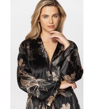 Gorgeous little velvet dressing gown printed with sketches of golden flowers on a black background