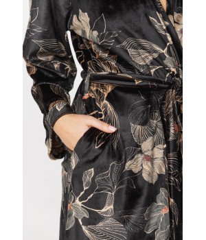 Gorgeous little velvet dressing gown printed with sketches of golden flowers on a black background