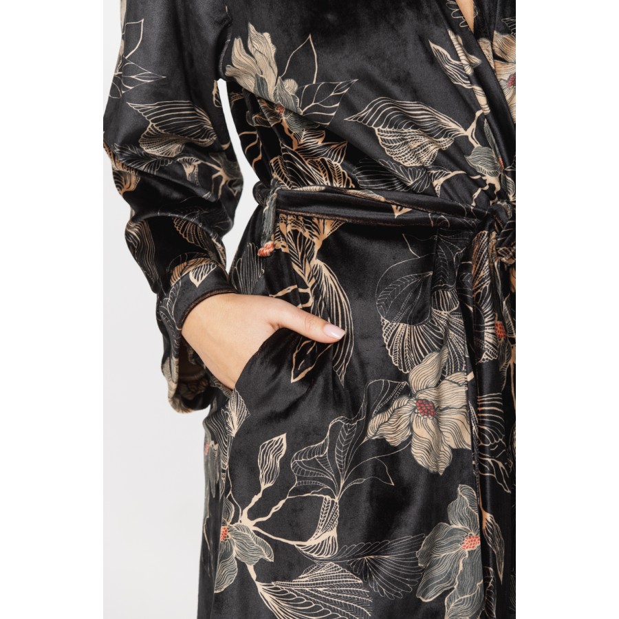 Gorgeous little velvet dressing gown printed with sketches of golden flowers on a black background