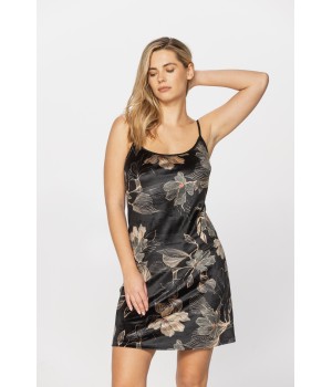 Gorgeous velvet negligee printed with sketches of golden flowers on a black background