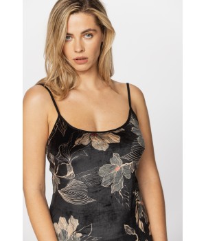 Gorgeous velvet negligee printed with sketches of golden flowers on a black background