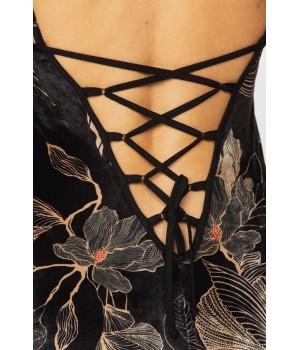 Gorgeous velvet negligee printed with sketches of golden flowers on a black background