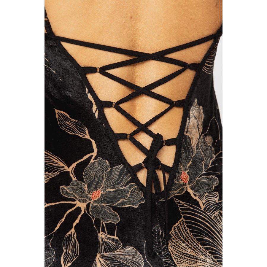 Gorgeous velvet negligee printed with sketches of golden flowers on a black background