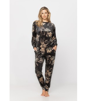 Velvet loungewear outfit printed with sketches of golden flowers on a black background