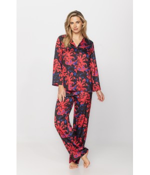 Satin pyjamas in a blue and red print on a black background, nightshirt-style top and bottoms