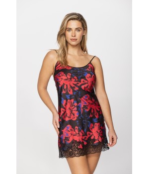 Nuisette en satin imprimé motif rouge et bleu sur fond noir, dentelle noire