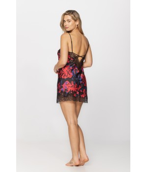 Satin negligee with a red and blue motif printed on a black background, and black lace