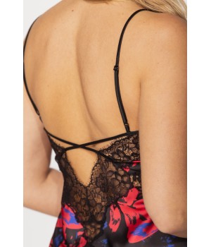 Satin negligee with a red and blue motif printed on a black background, and black lace