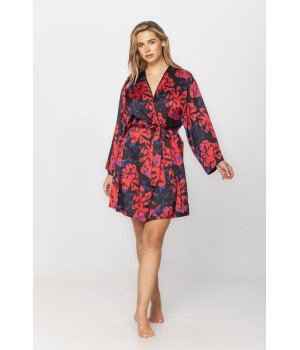 Gorgeous little long-sleeved dressing gown in silky satin fabric, with a red and blue motif printed on a black background