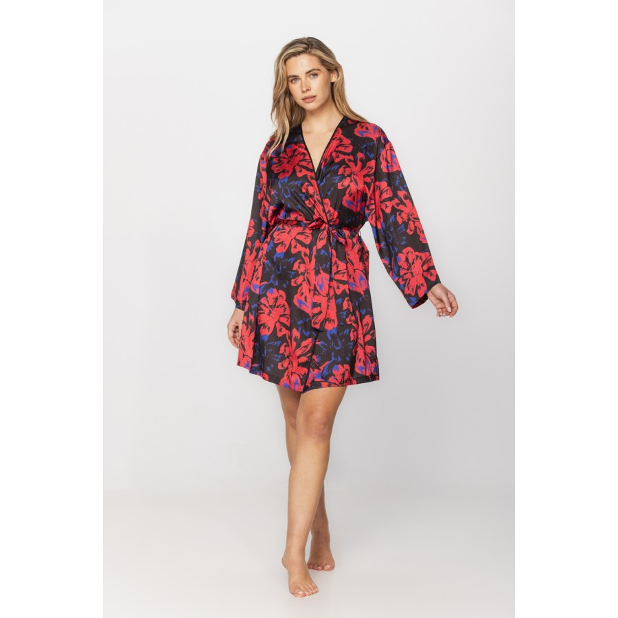 Gorgeous little long-sleeved dressing gown in silky satin fabric, with a red and blue motif printed on a black background