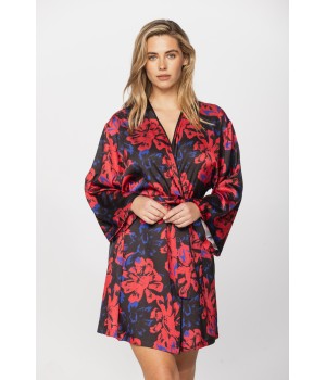 Gorgeous little long-sleeved dressing gown in silky satin fabric, with a red and blue motif printed on a black background