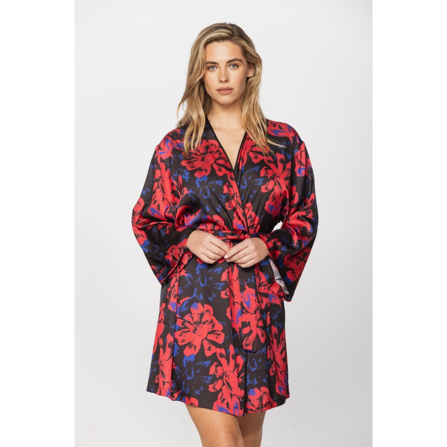 Gorgeous little long-sleeved dressing gown in silky satin fabric, with a red and blue motif printed on a black background